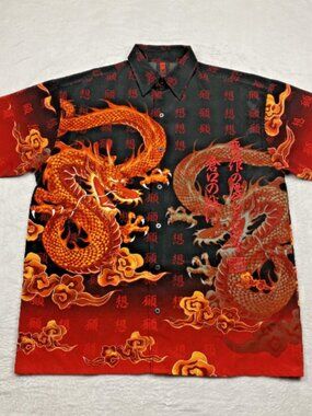 Men's Black/Red/Orange Dragon Graphic Satin Polyester Button-Up Shirt M - Taiga
